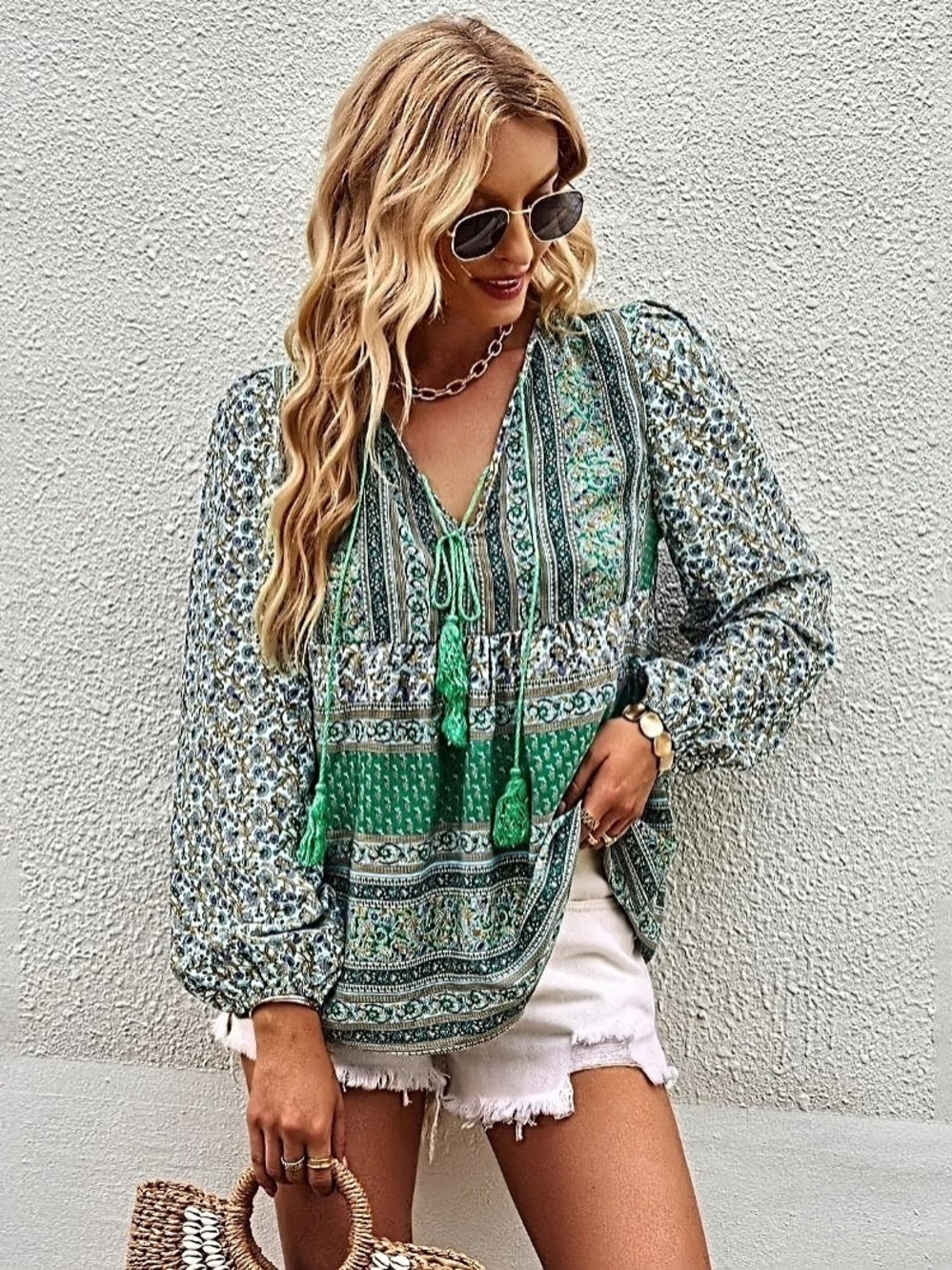 Bohemian Green Patterned Peasant Blouse With Puff Sleeves & Tassels V-neck L